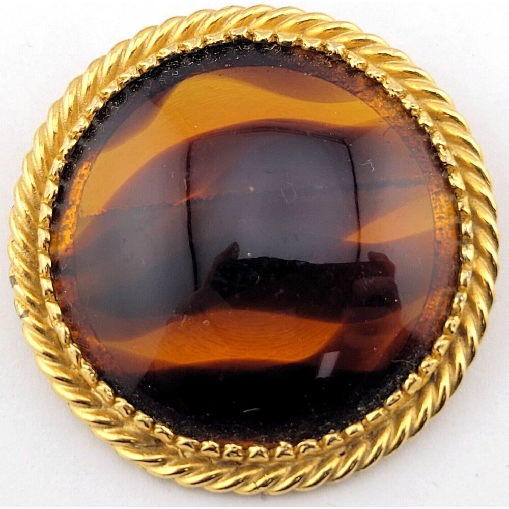 Vintage Signed Kramer Brown Lucite Tortoise Shell Stripe Brooch Pin 2" Gold Tone